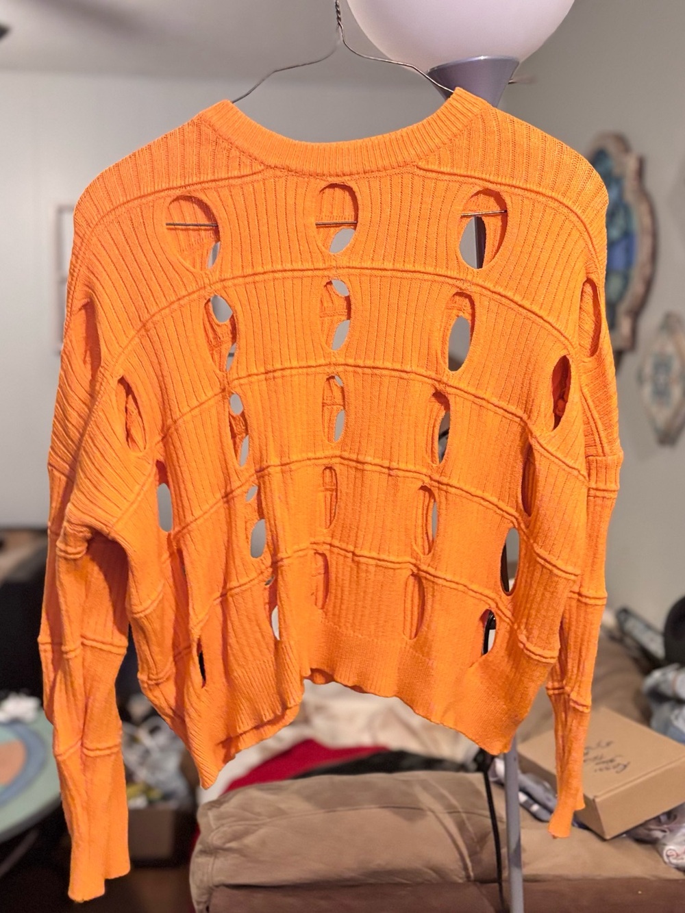 Bright Orange Distressed Hole-Knit Sweater